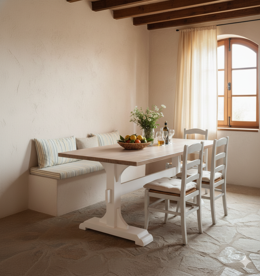 Mesa de comedor con pie blanco y tablero de madera natural