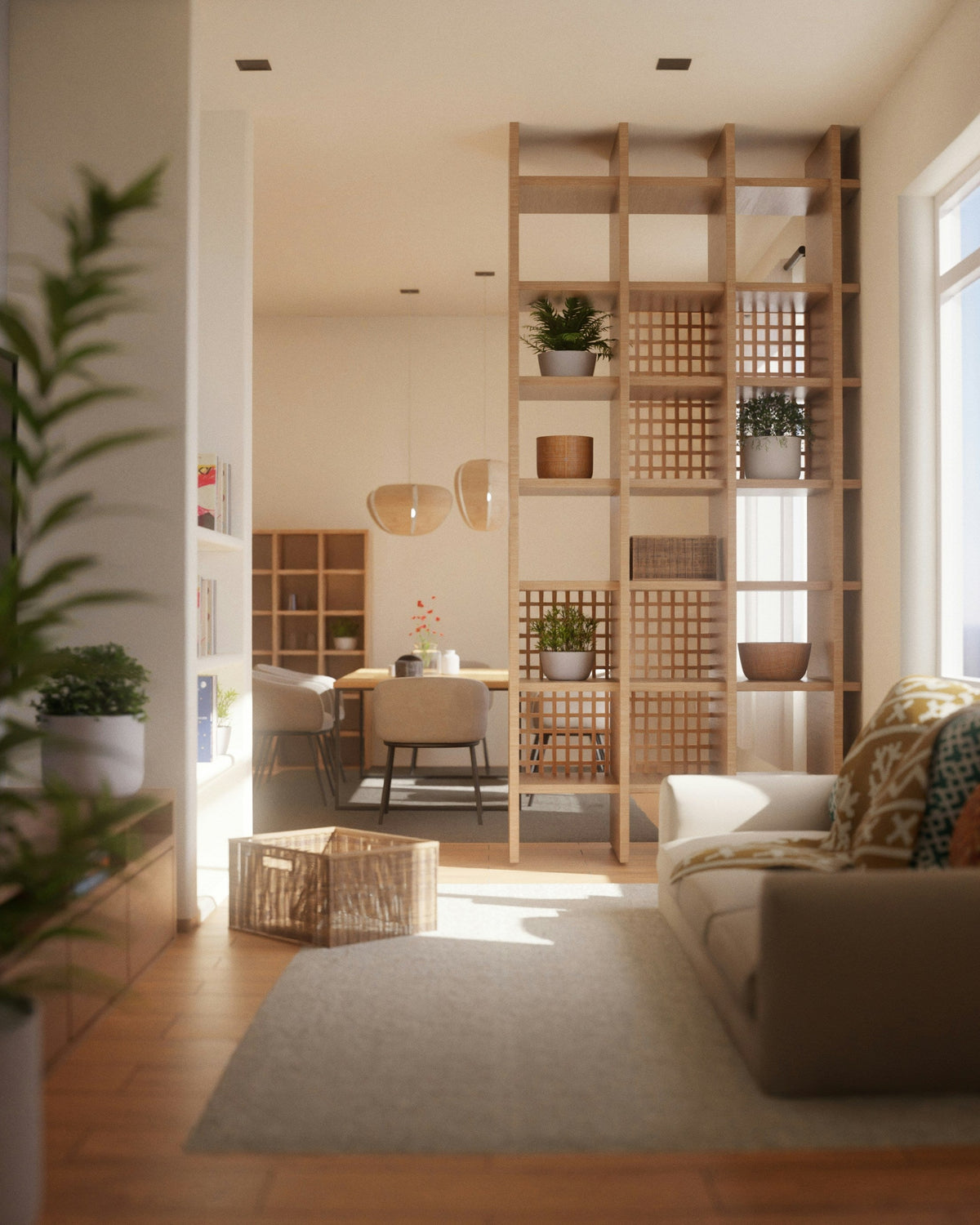 Salón luminoso de un piso pequeño con estantería de madera y plantas