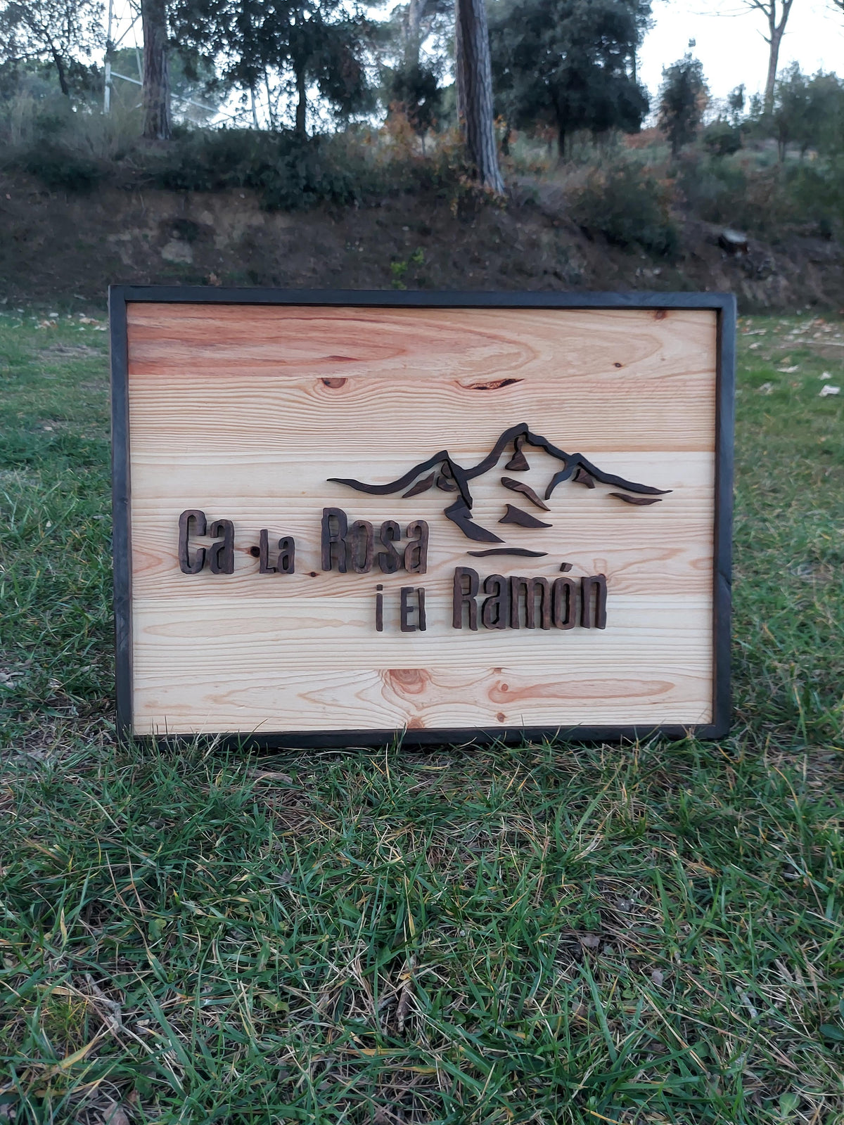 Letrero de madera con paisaje de montañas, vista lateral