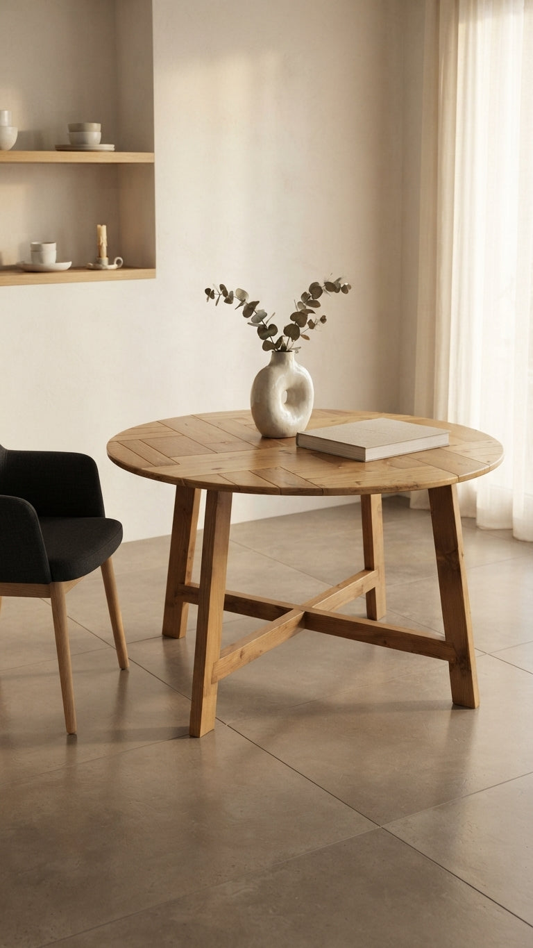 Mesa redonda de madera con patas cruzadas