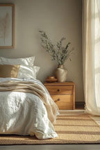 Detalle de dormitorio con mesita de madera y textiles de lino