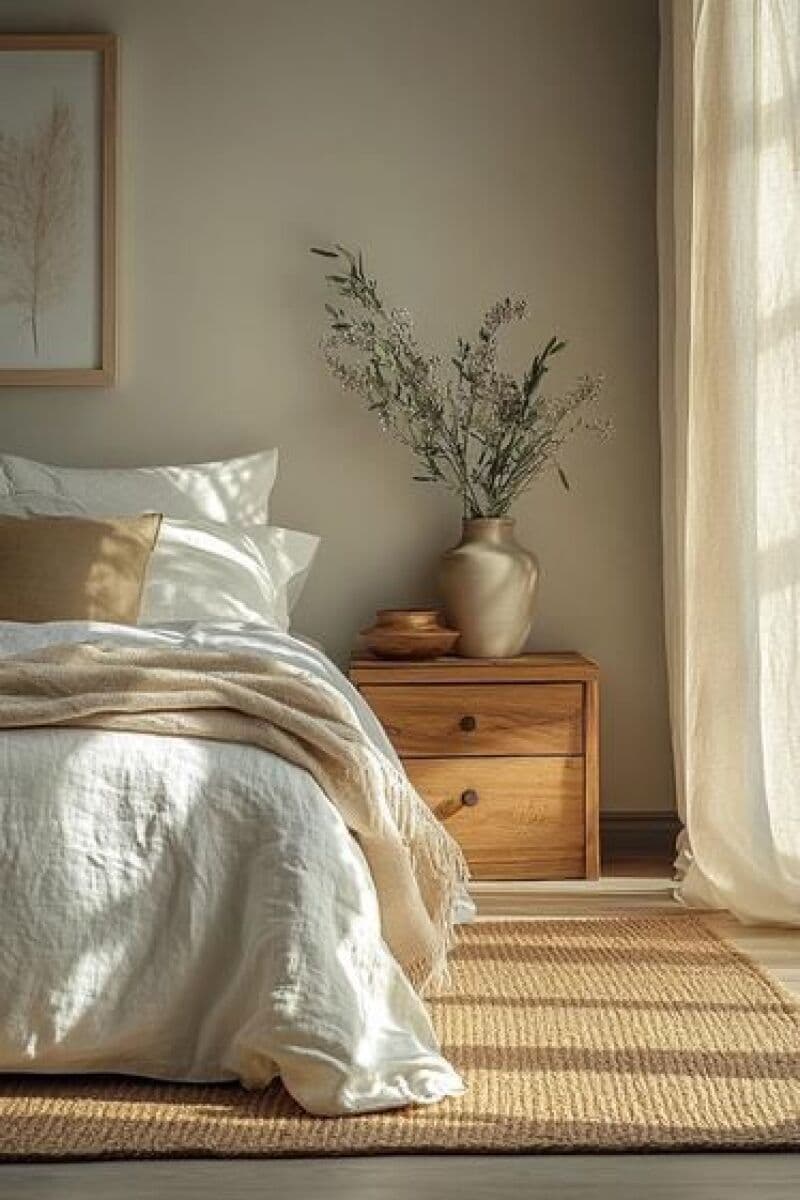 Detalle de dormitorio con mesita de madera y textiles de lino