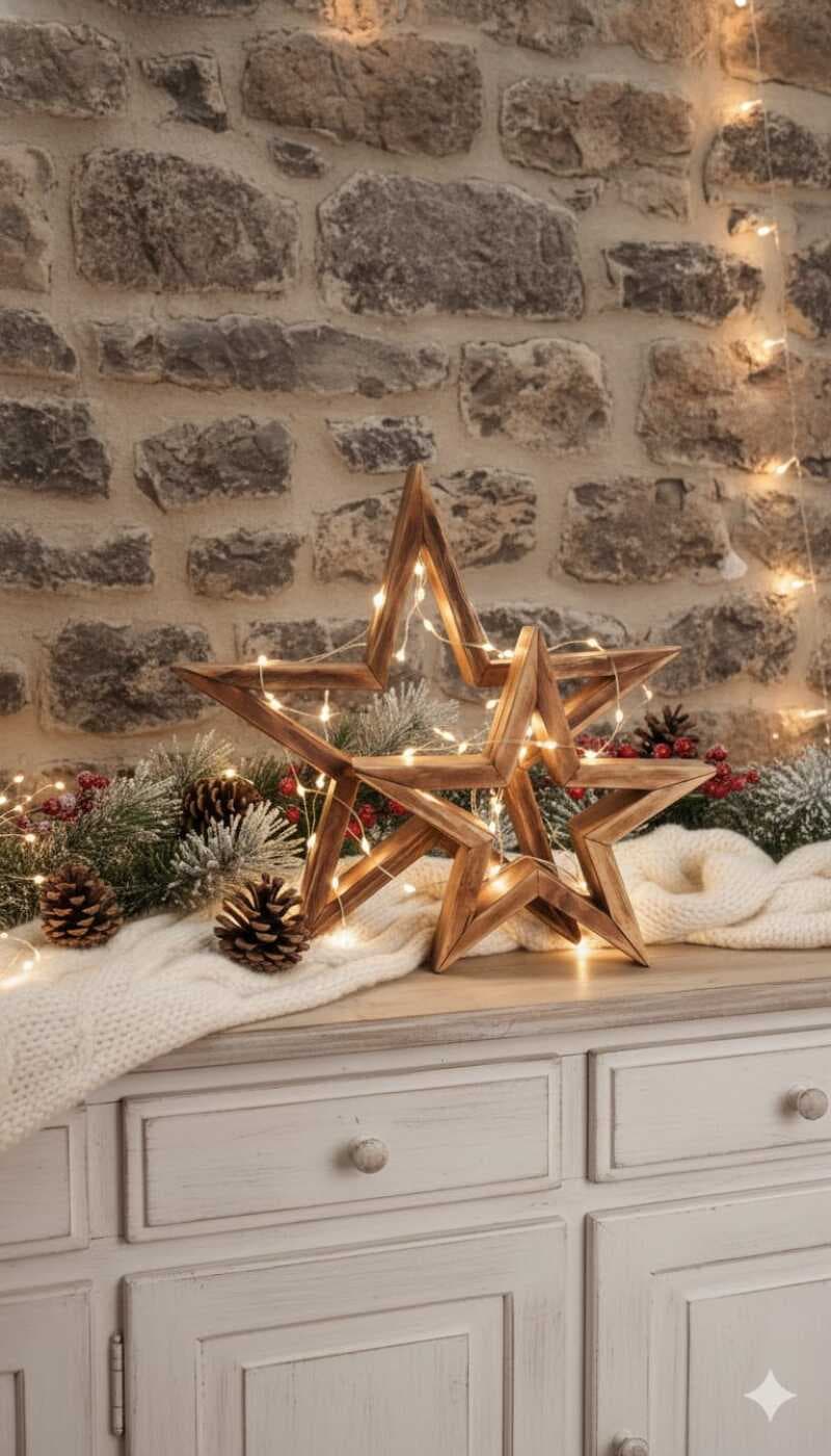 Estrellas de madera sobre una estantería